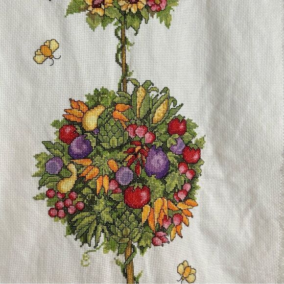 14” X 37 “ Topiary Flowers & Fruits Crossstitched Unframed - Picture 3 of 10